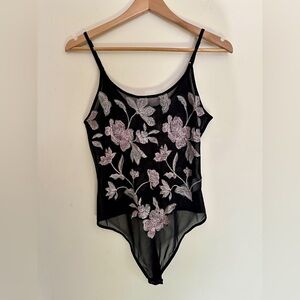 Express Black Embroidered Floral Bodysuit